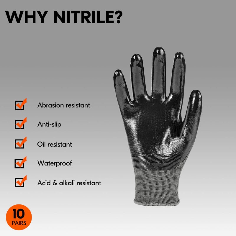 Vgo... 10-Pairs Safety Work Gloves, Gardening Gloves, Non-slip Nitrile coating, Dipping Gloves (Size S, Gray, NT2110) - Image 2